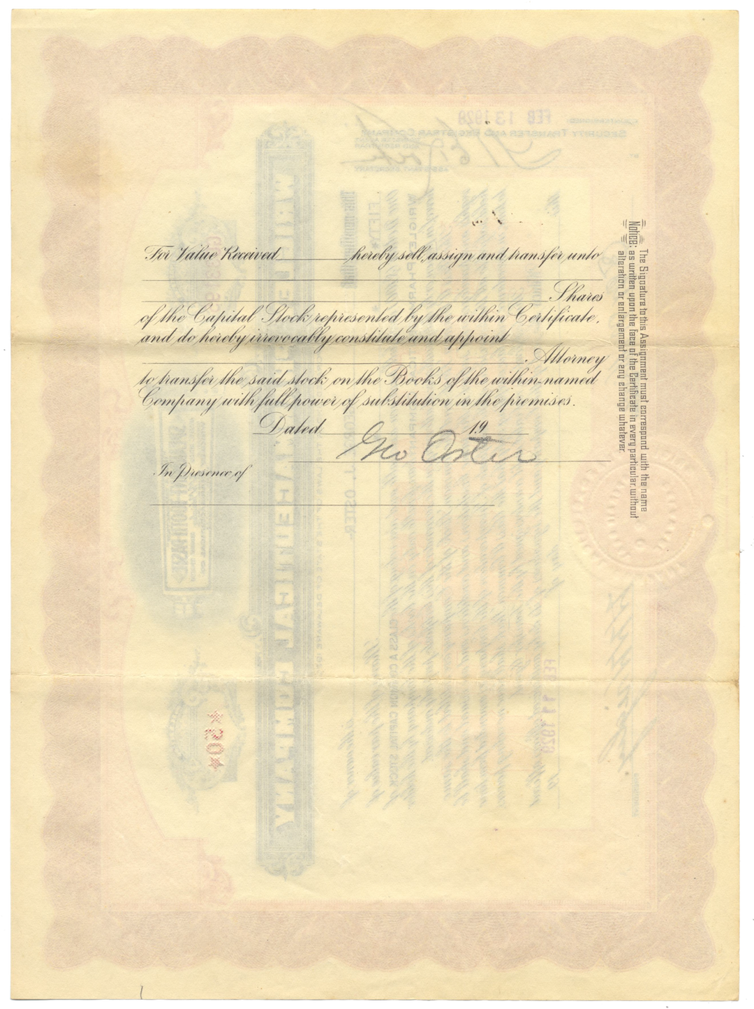 Wrigley Pharmaceutical Co. Stock Certificate Signed by W. W. Wrigley