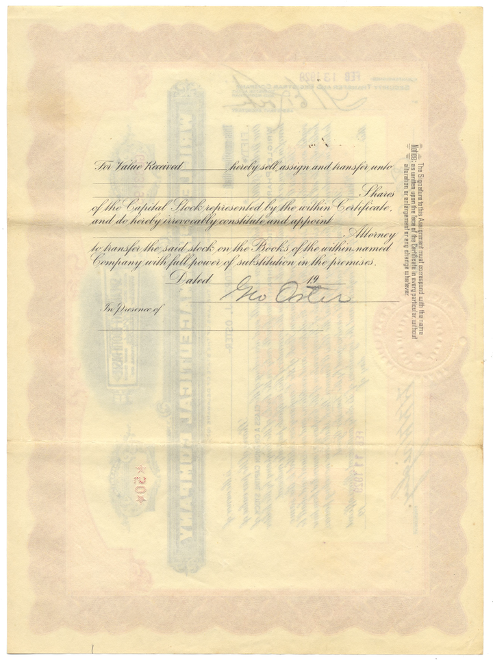 Wrigley Pharmaceutical Co. Stock Certificate Signed by W. W. Wrigley