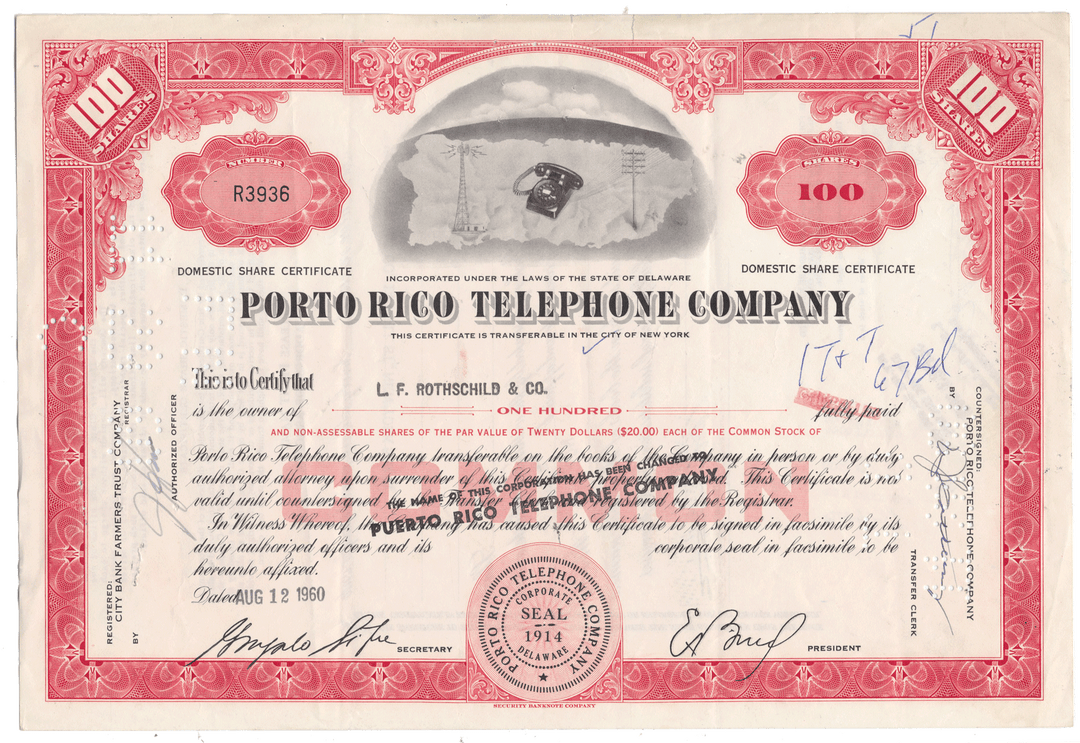 Porto Rico Telephone Company stock certificate with red and white design