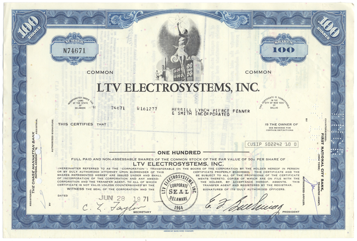 LTV Electrosystems, Inc. Stock Certificate