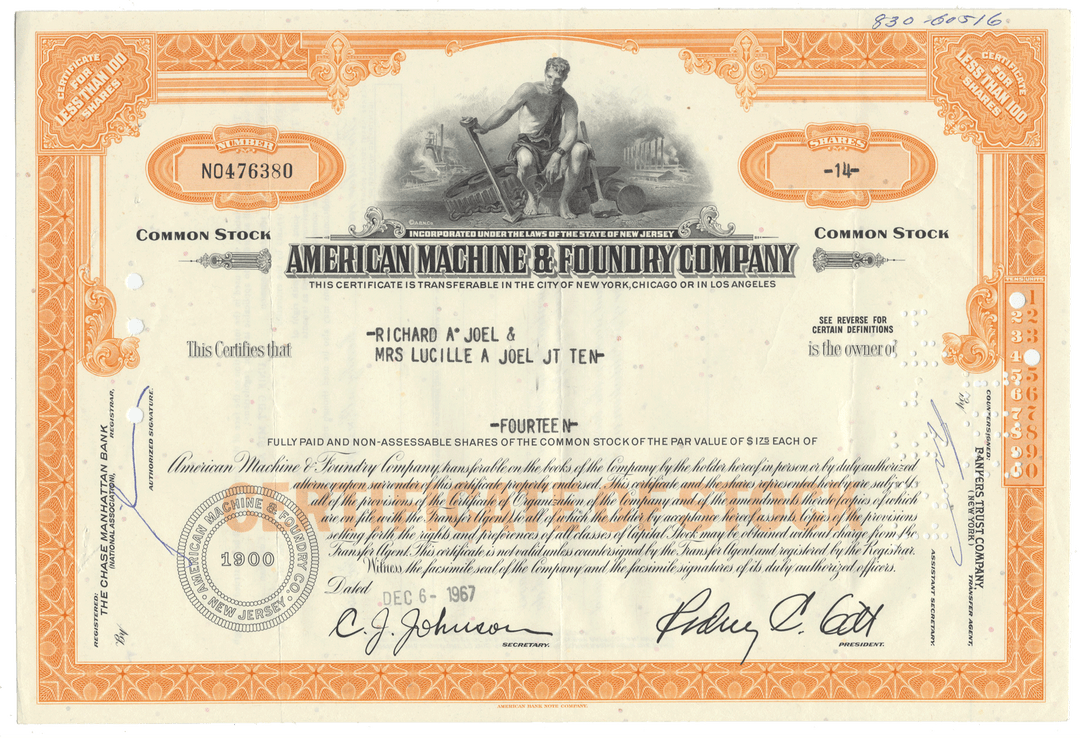 Vintage stock certificate from the American Machine & Foundry Company.