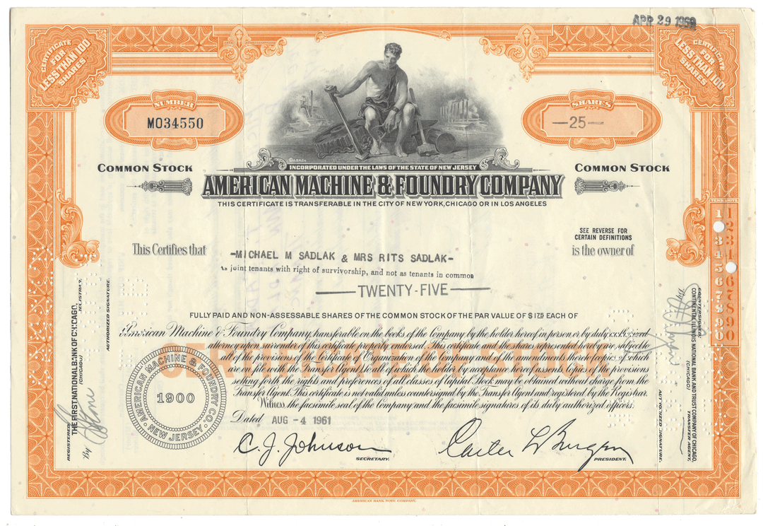 American Machine & Foundry Company stock certificate with decorative elements and text.