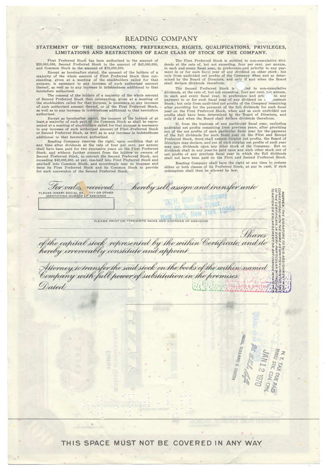 Reading Company Stock Certificate