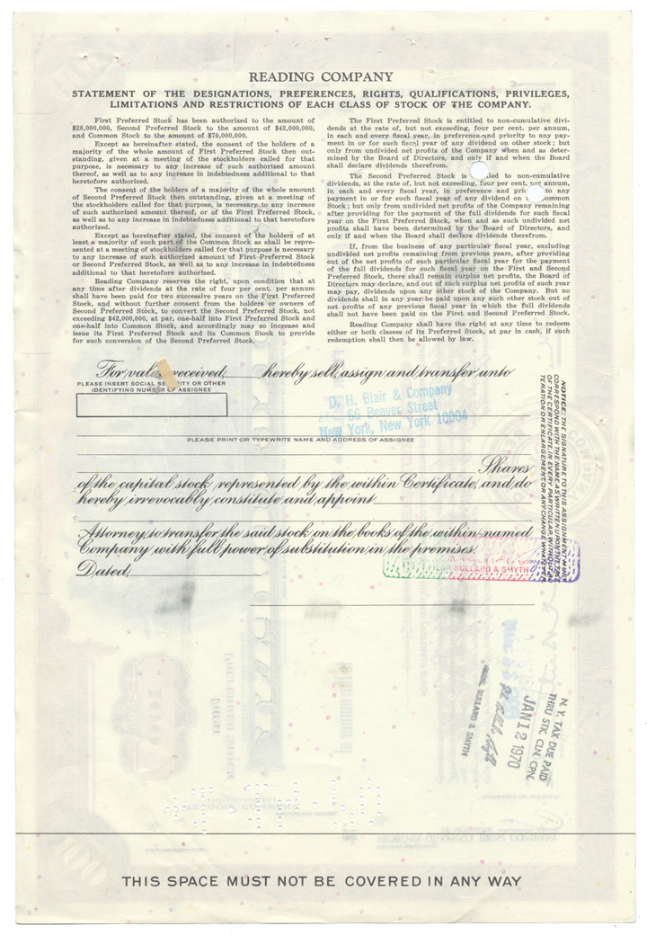 Reading Company Stock Certificate