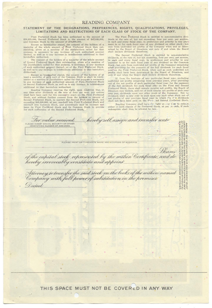 Reading Company Stock Certificate