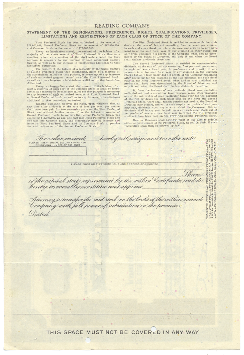 Reading Company Stock Certificate