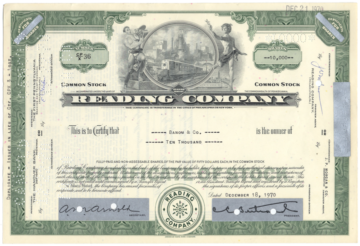 Reading Company Stock Certificate