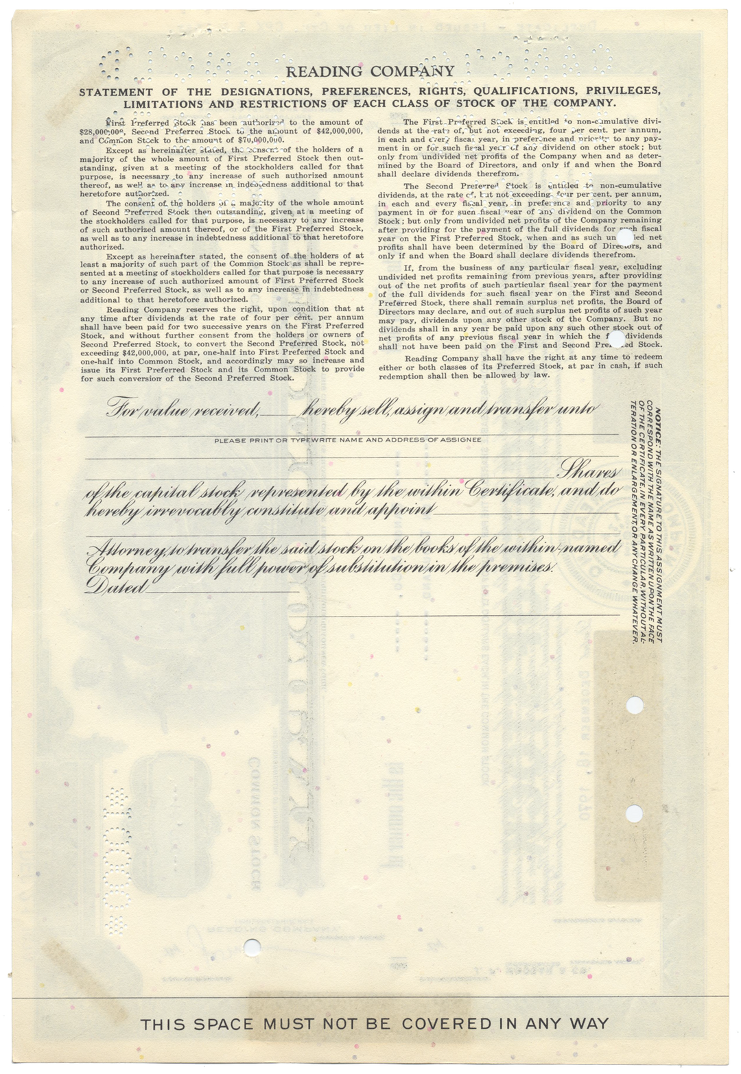 Reading Company Stock Certificate