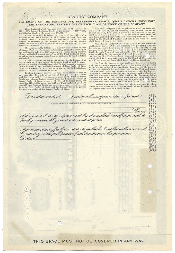 Reading Company Stock Certificate