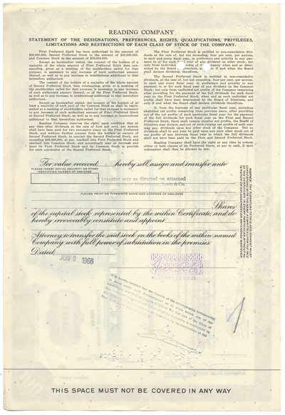 Reading Company Stock Certificate
