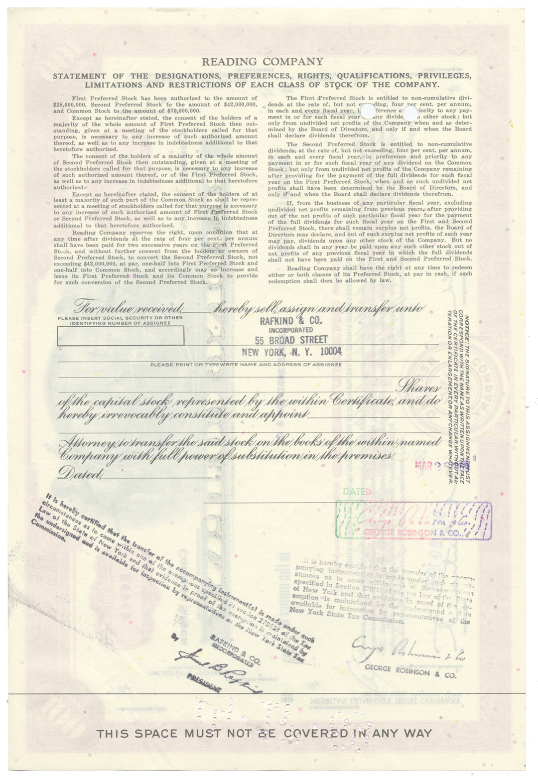 Reading Company Stock Certificate