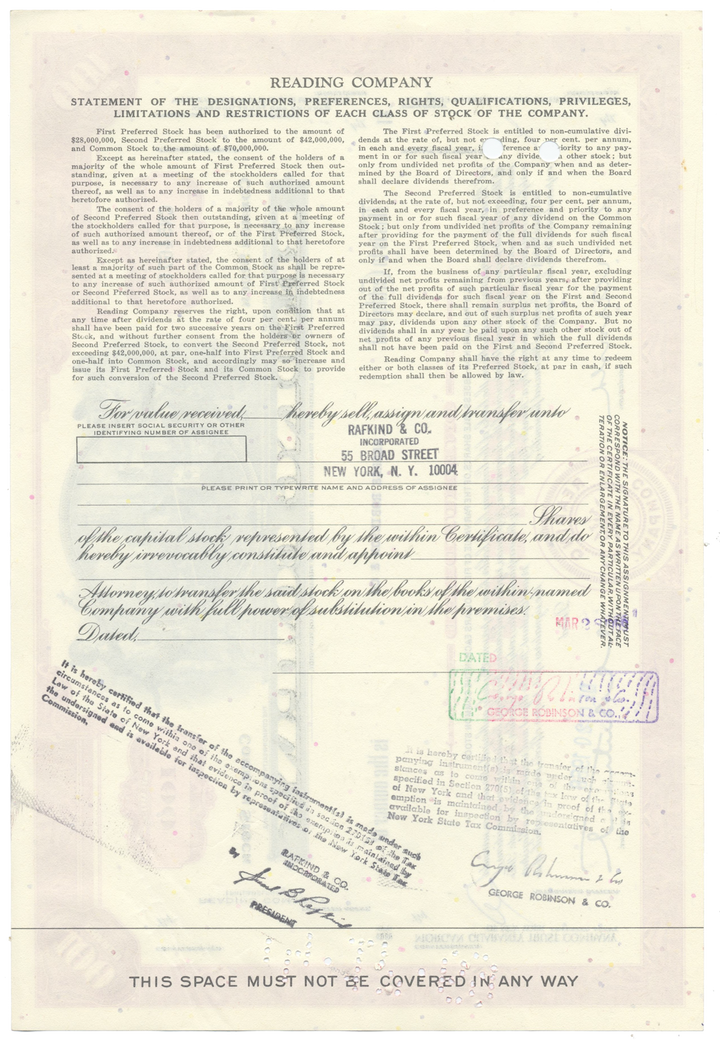 Reading Company Stock Certificate