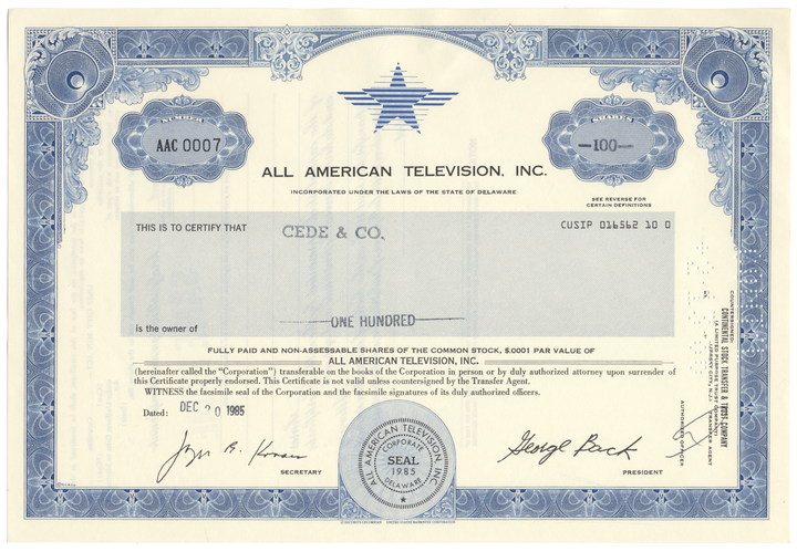 All American Television, Inc. Stock Certificate