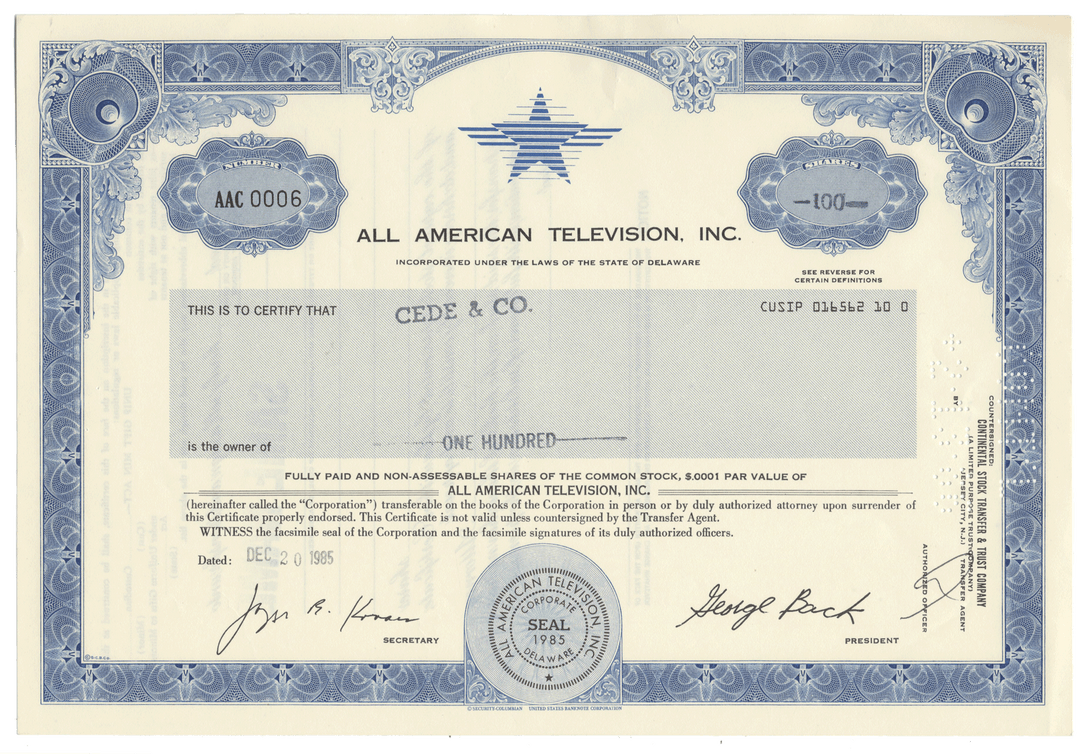 All American Television, Inc. stock certificate with decorative elements