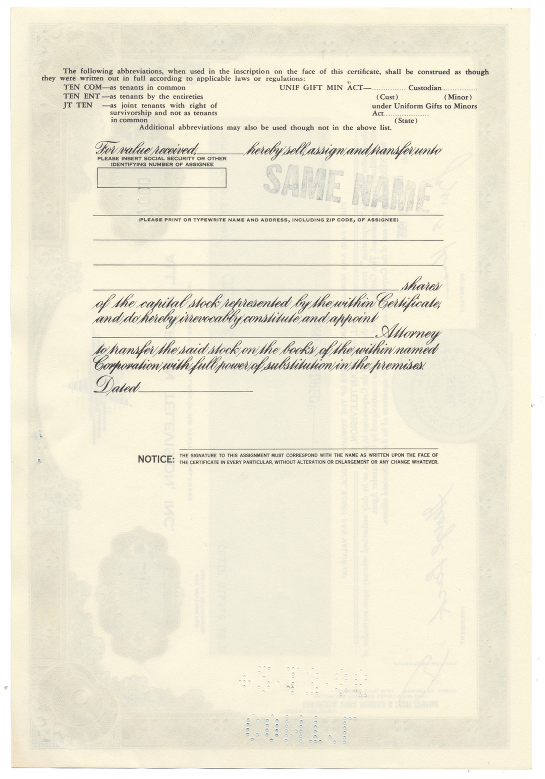 All American Television, Inc. Stock Certificate