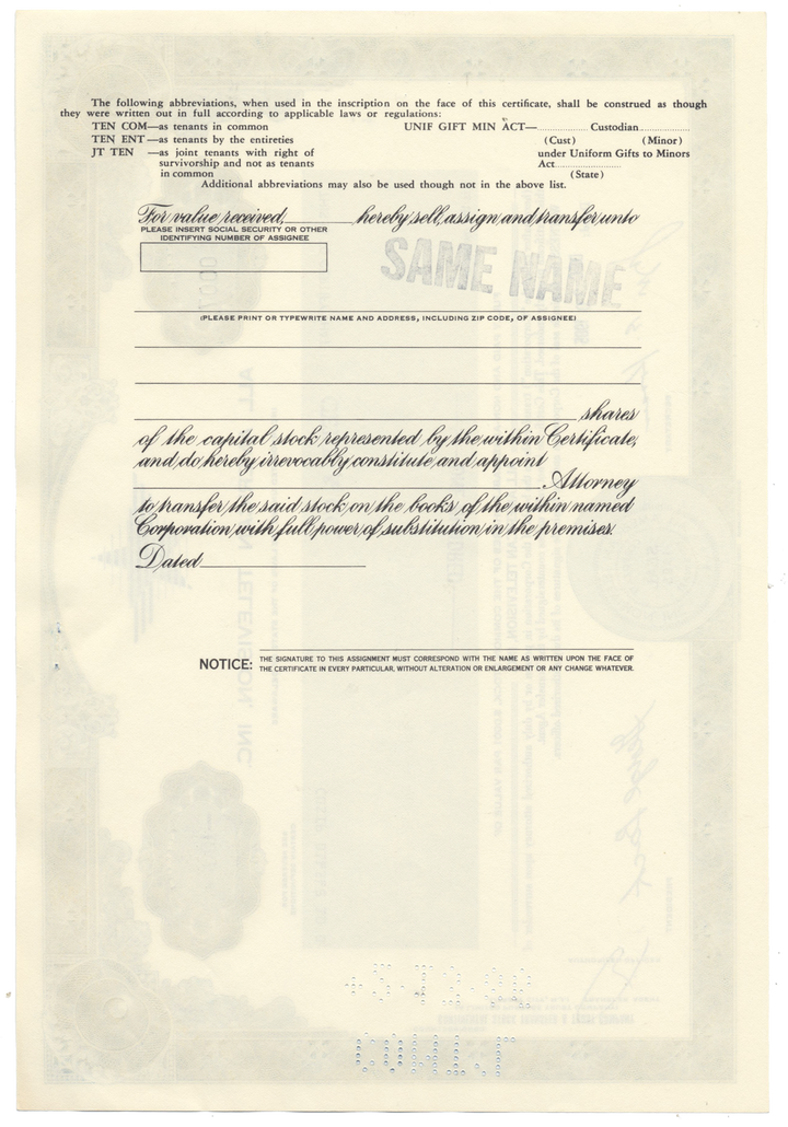 All American Television, Inc. Stock Certificate