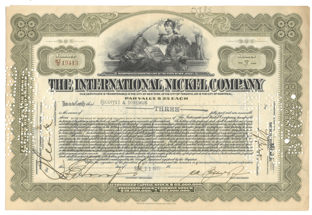 International Nickel Company Stock Certificate