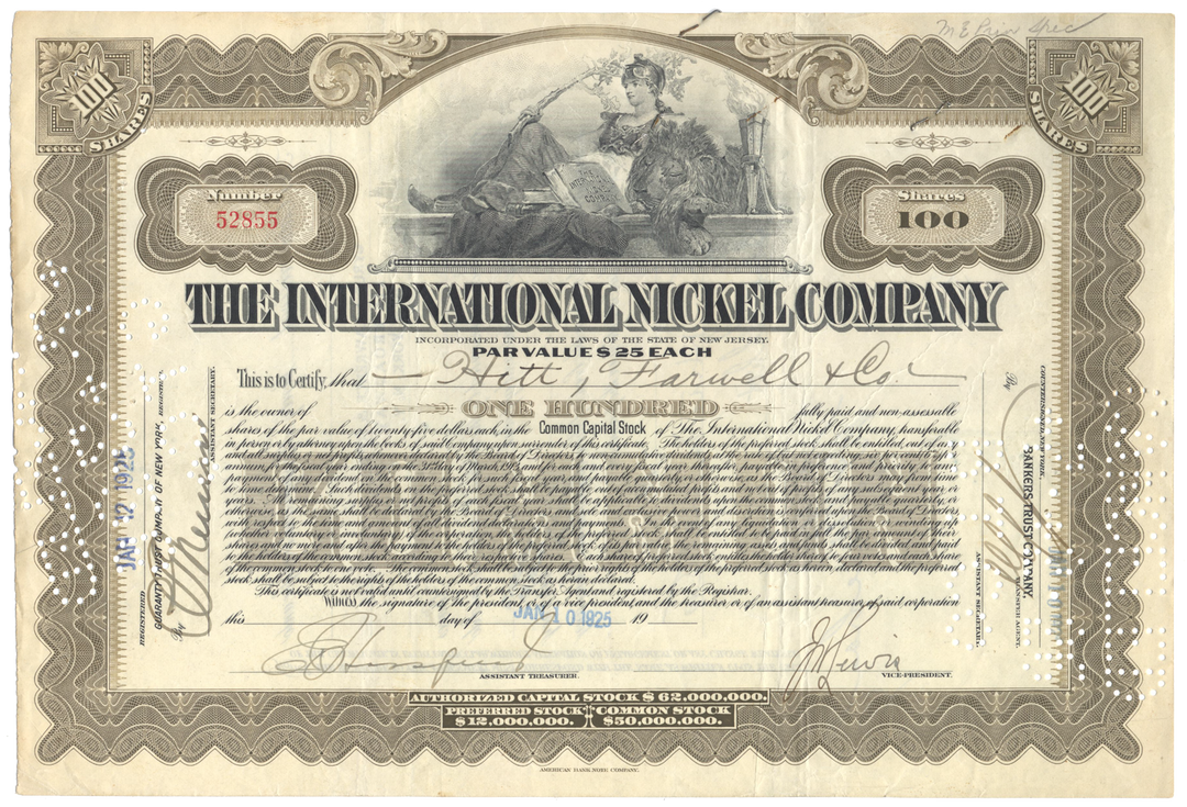 International Nickel Company Stock Certificate