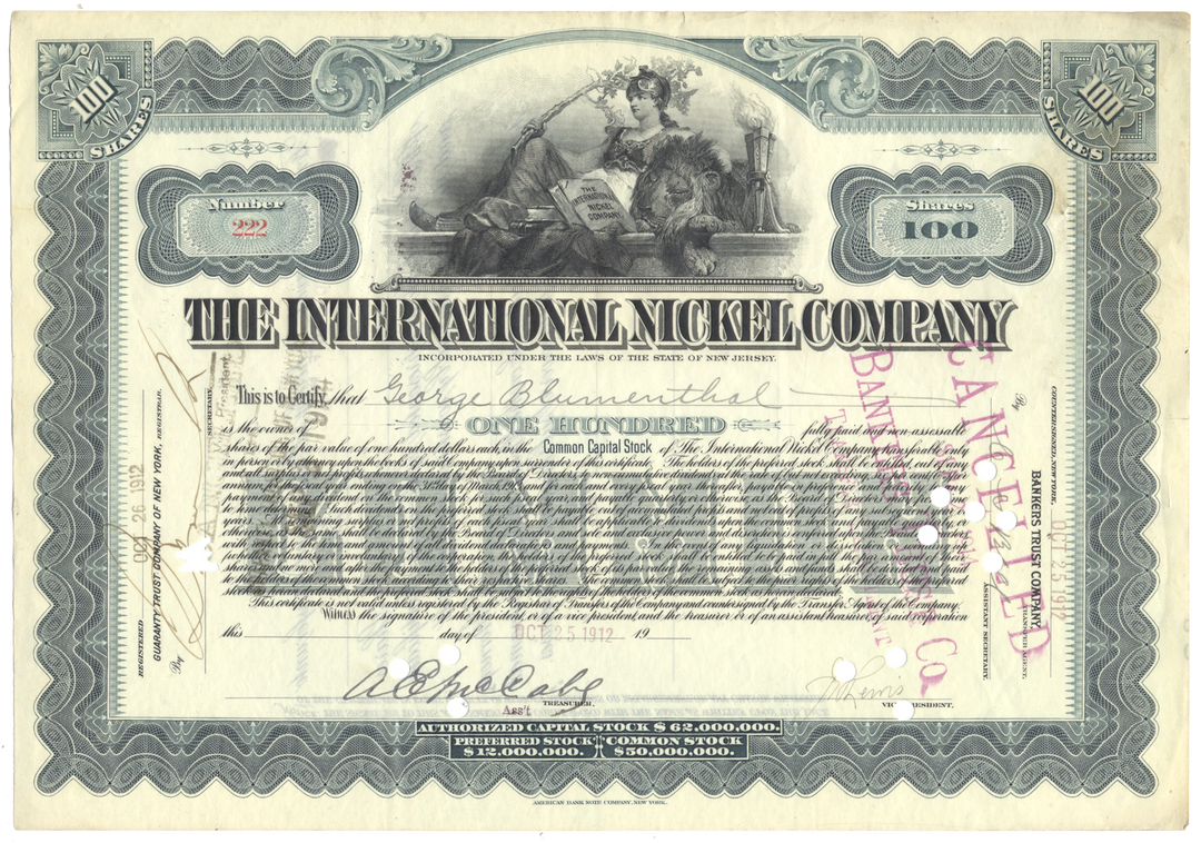 International Nickel Company Stock Certificate