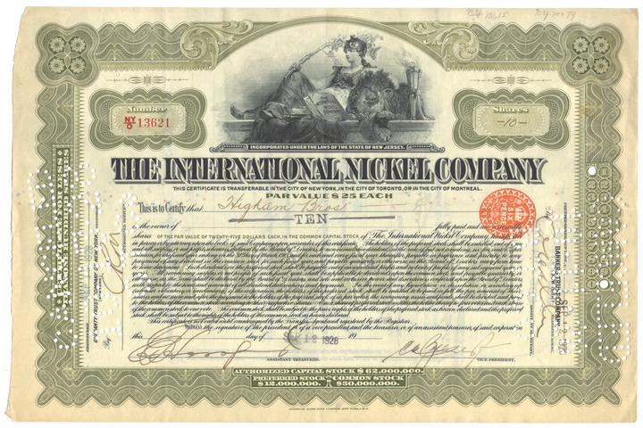 International Nickel Company Stock Certificate