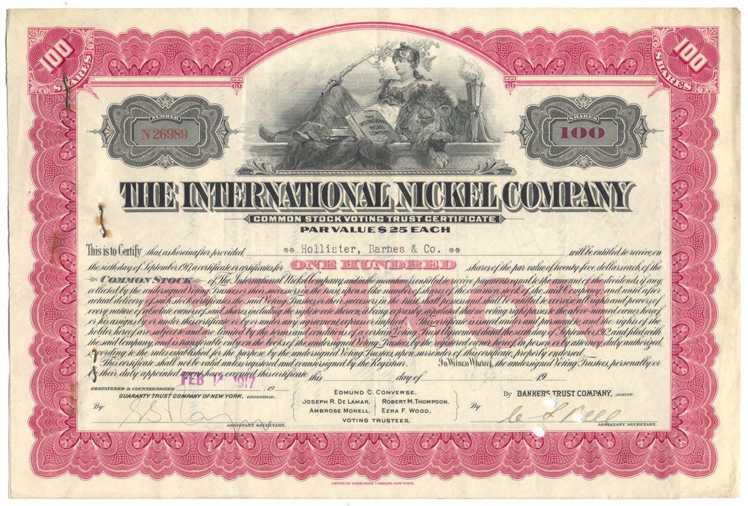 International Nickel Company Stock Certificate