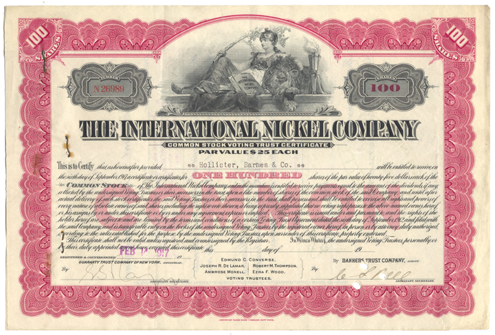 International Nickel Company Stock Certificate