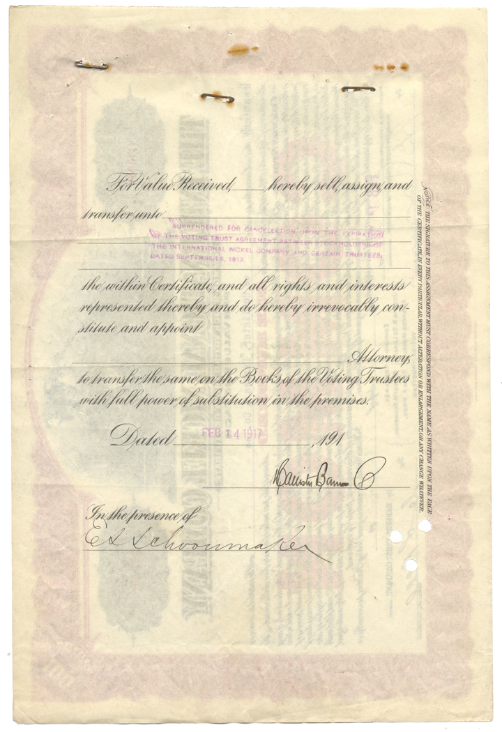 International Nickel Company Stock Certificate