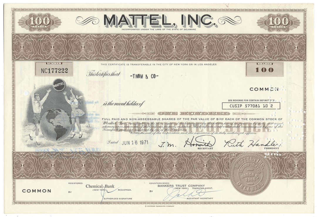 Vintage stock certificate from Mattel, Inc. with decorative elements and text.