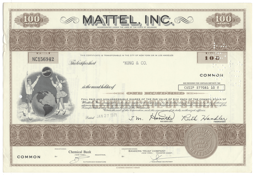 Vintage stock certificate for Mattel, Inc. with decorative elements and text.