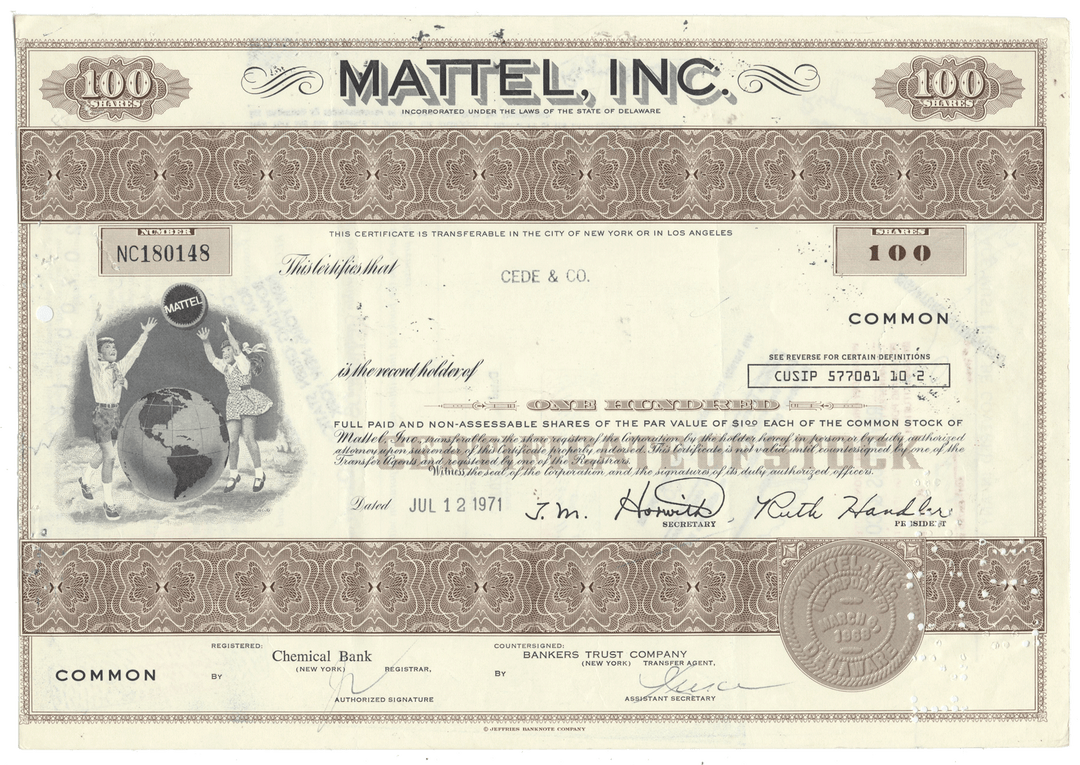 Vintage stock certificate from Mattel, Inc. with decorative elements and text.
