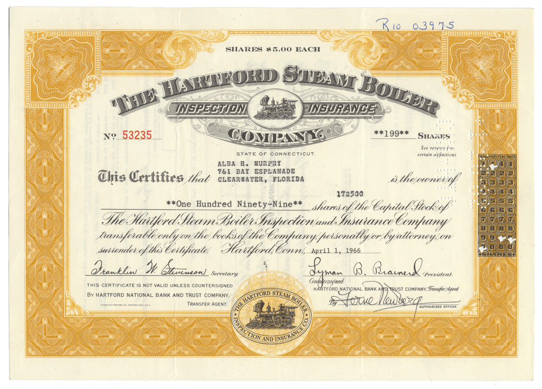 Vintage stock certificate from The Hartford Steam Boiler Inspection and Insurance Company with decorative elements.