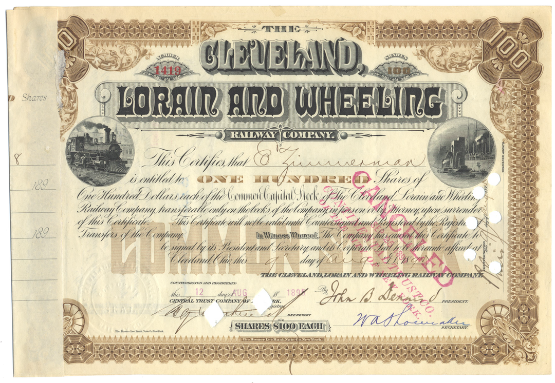 Cleveland, Lorain and Wheeling Railway Company Stock Certificate