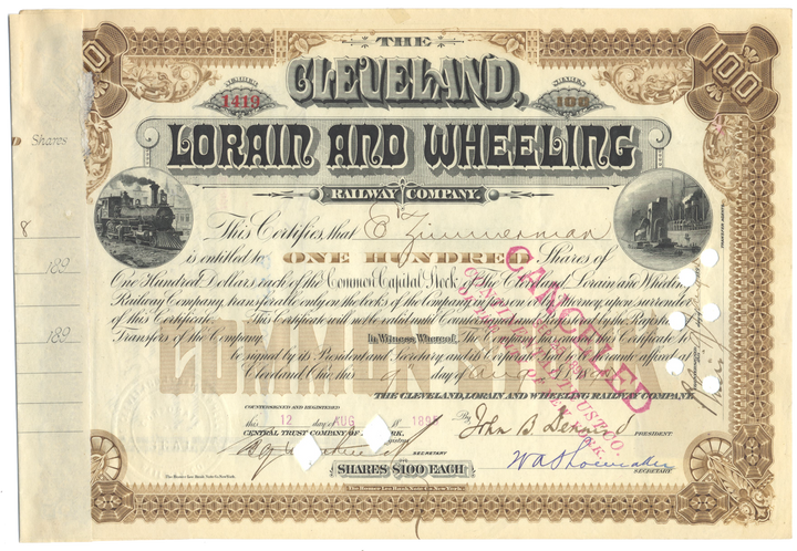 Cleveland, Lorain and Wheeling Railway Company Stock Certificate