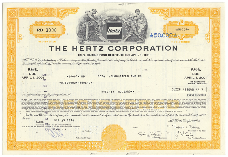 Hertz Corporation Bond Certificate