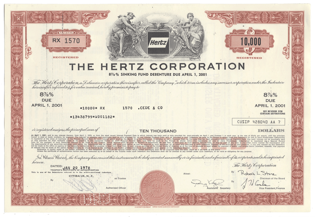 Hertz Rent-a-Car Stock Certificate from 1978