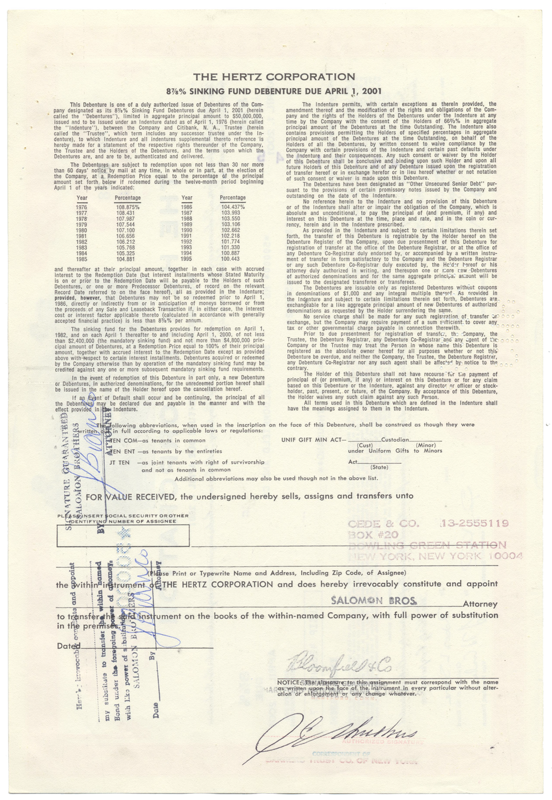 Hertz Corporation Bond Certificate