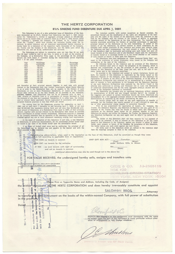 Hertz Corporation Bond Certificate