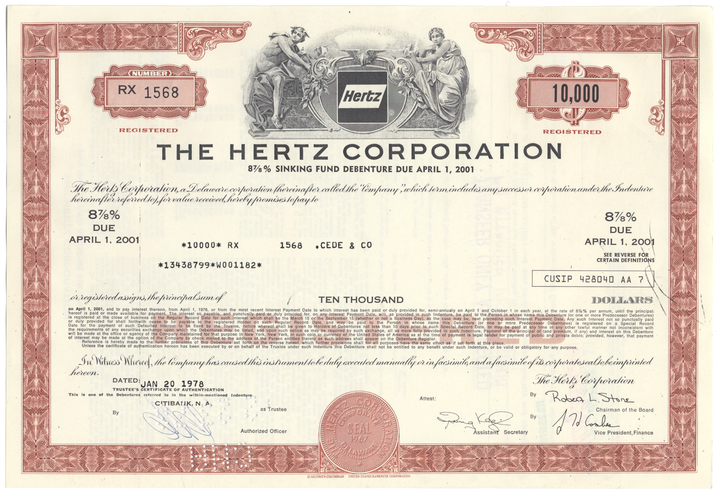 Hertz Corporation Bond Certificate