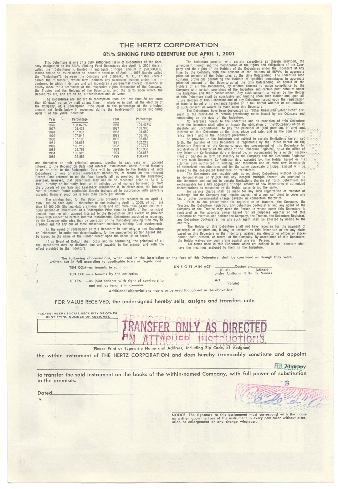 Hertz Corporation Bond Certificate