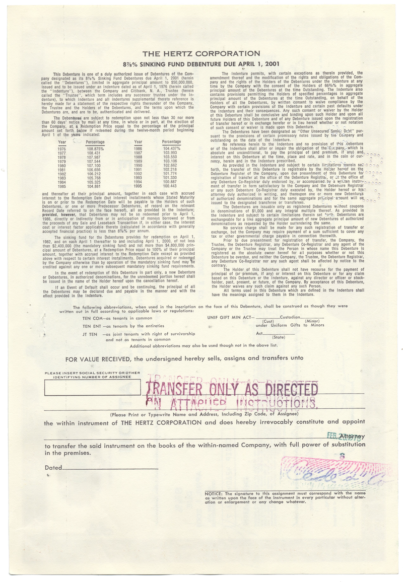 Hertz Corporation Bond Certificate
