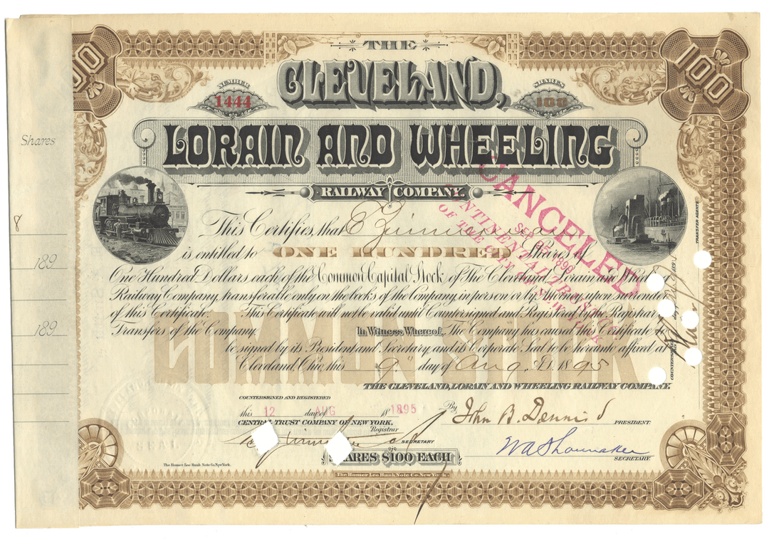 Cleveland, Lorain and Wheeling Railway Company Stock Certificate Signed by Eugene Zimmerman