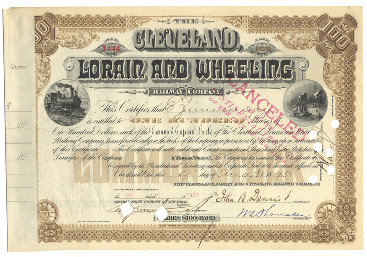 Cleveland, Lorain and Wheeling Railway Company Stock Certificate Signed by Eugene Zimmerman