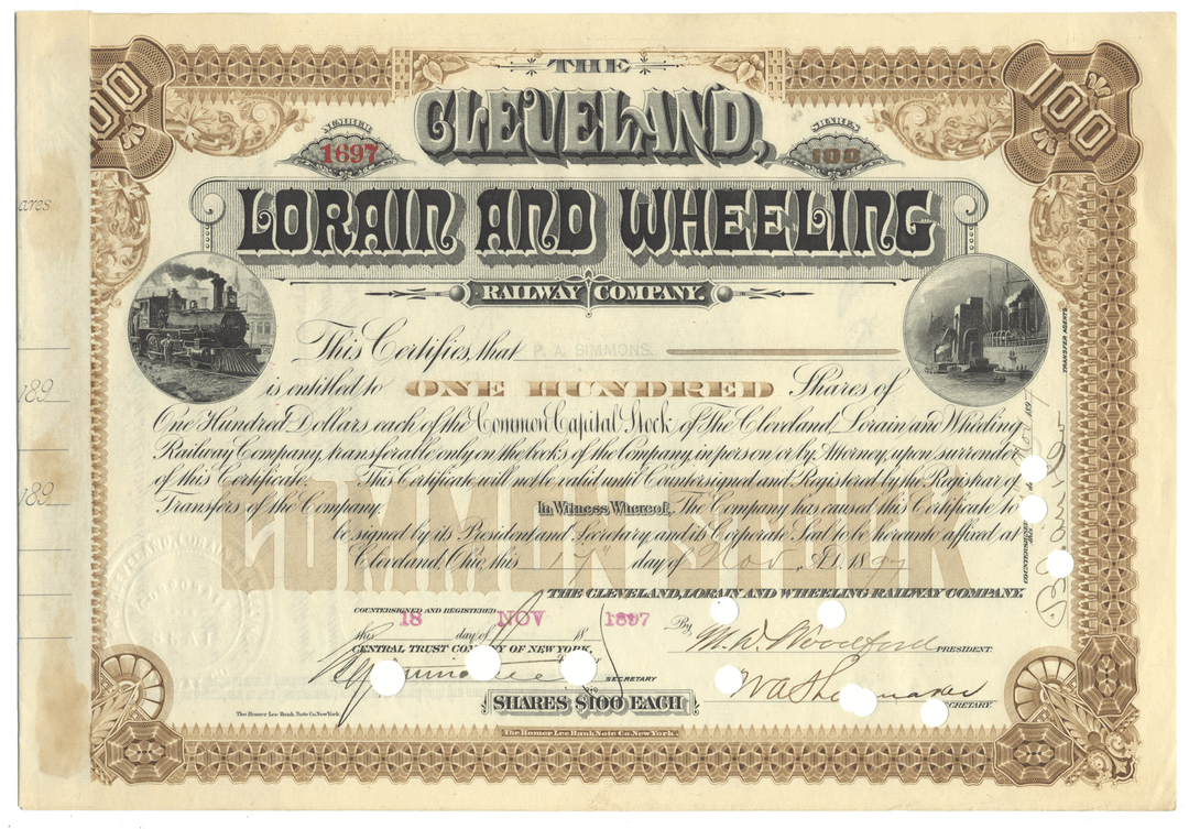 Vintage stock certificate for Cleveland, Lorain and Wheeling Railway Company from 1897