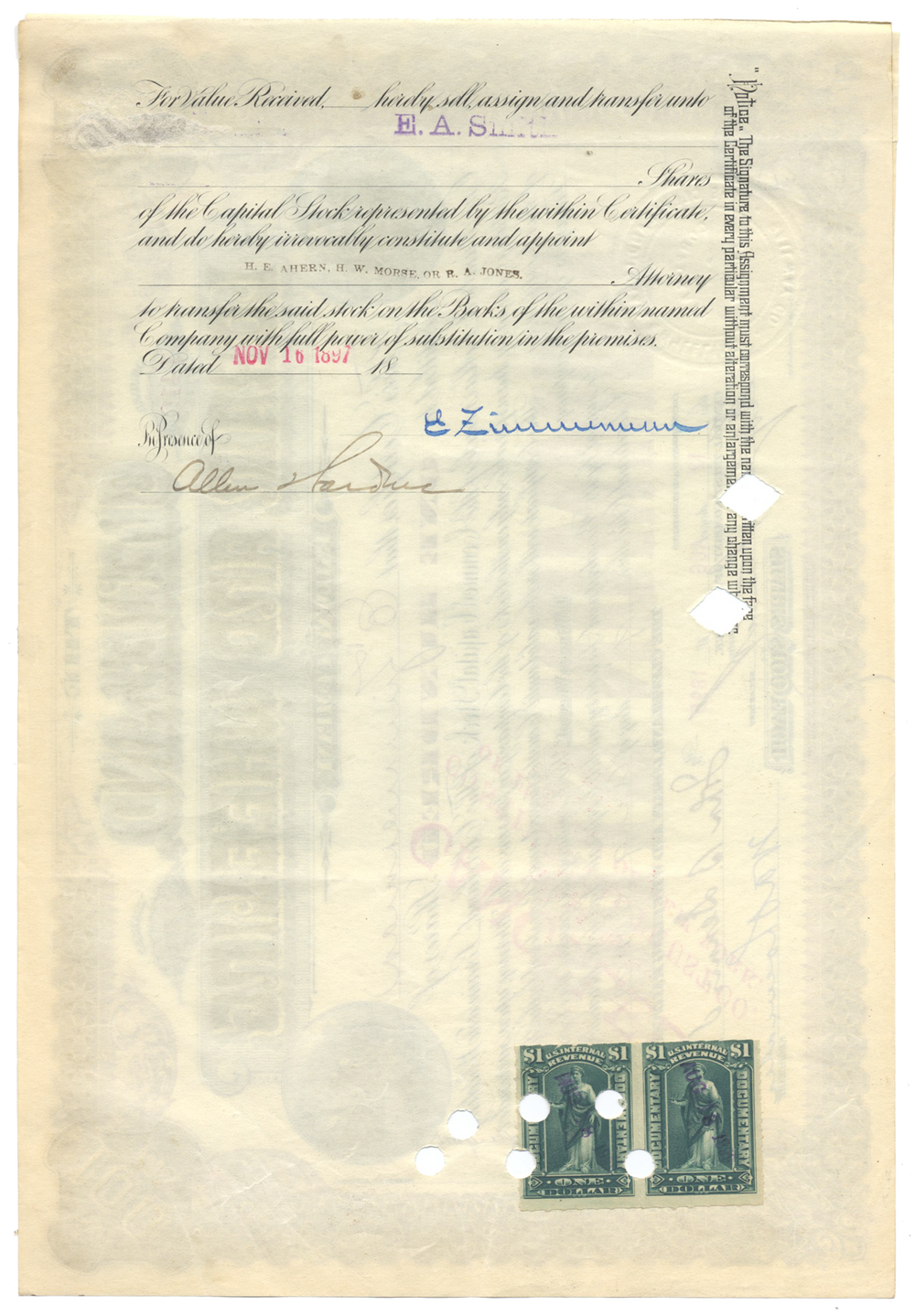 Cleveland, Lorain and Wheeling Railway Company Stock Certificate