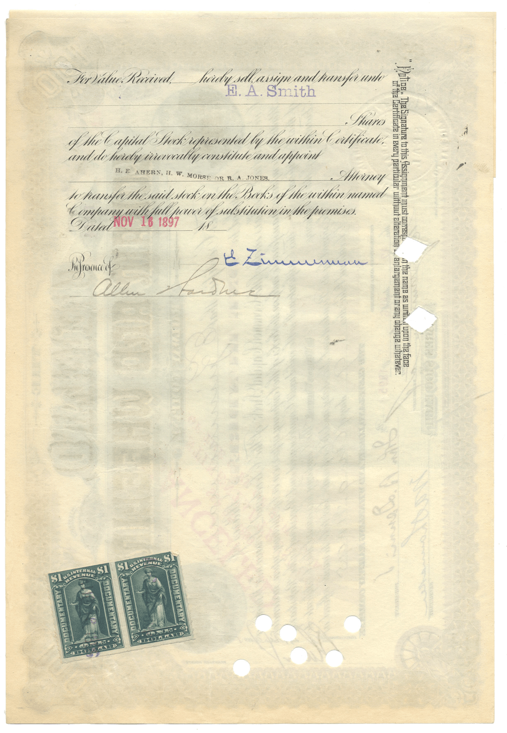 Cleveland, Lorain and Wheeling Railway Company Stock Certificate Signed by Eugene Zimmerman