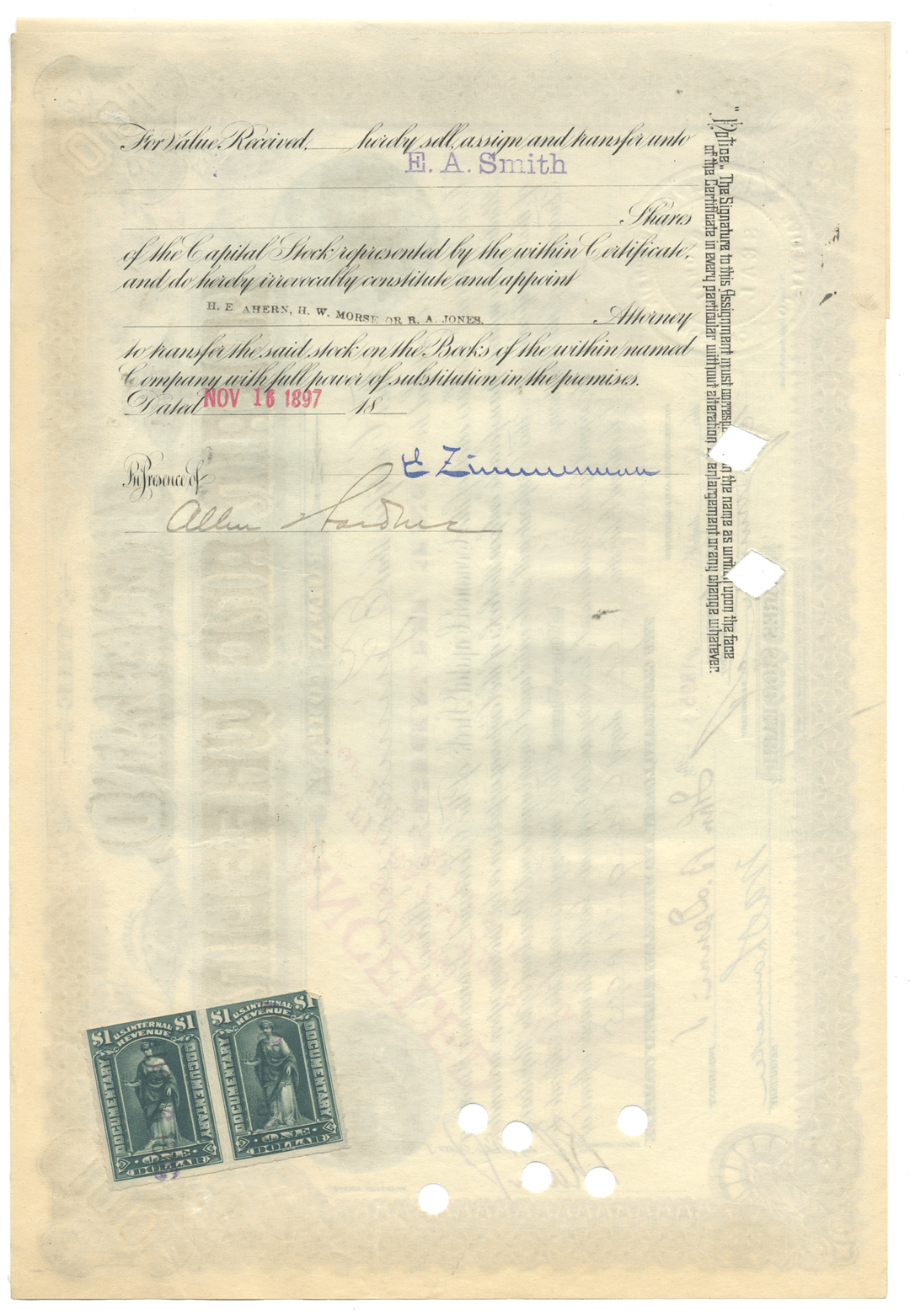 Cleveland, Lorain and Wheeling Railway Company Stock Certificate Signed by Eugene Zimmerman