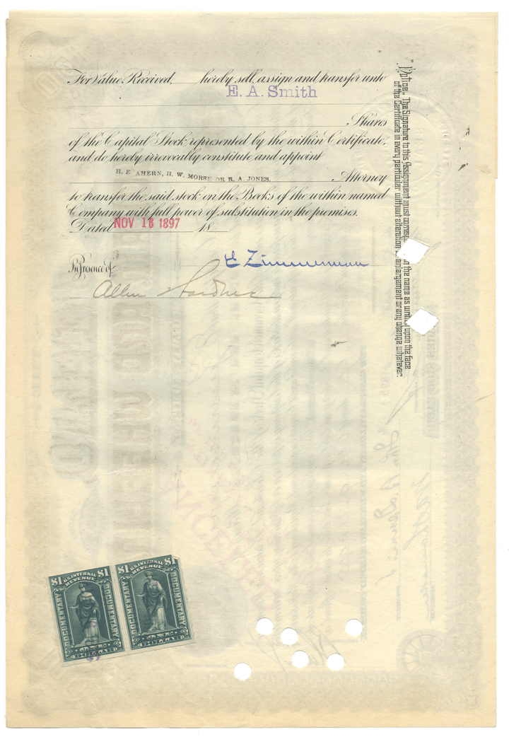 Cleveland, Lorain and Wheeling Railway Company Stock Certificate Signed by Eugene Zimmerman