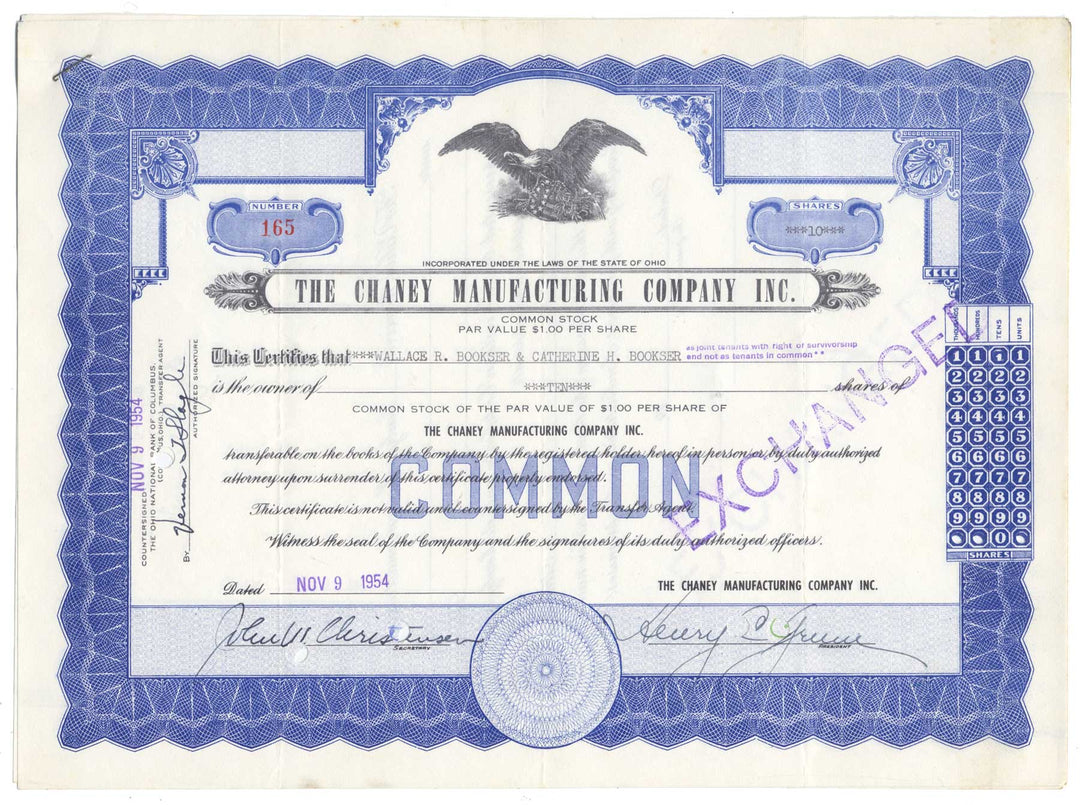 Chaney Manufacturing Company Stock Certificate