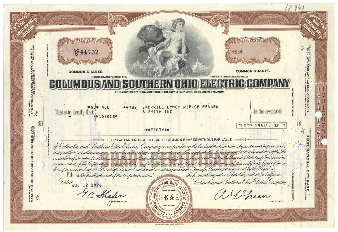 Columbus and Southern Ohio Electric Company Stock Certificate