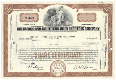 Columbus and Southern Ohio Electric Company Stock Certificate